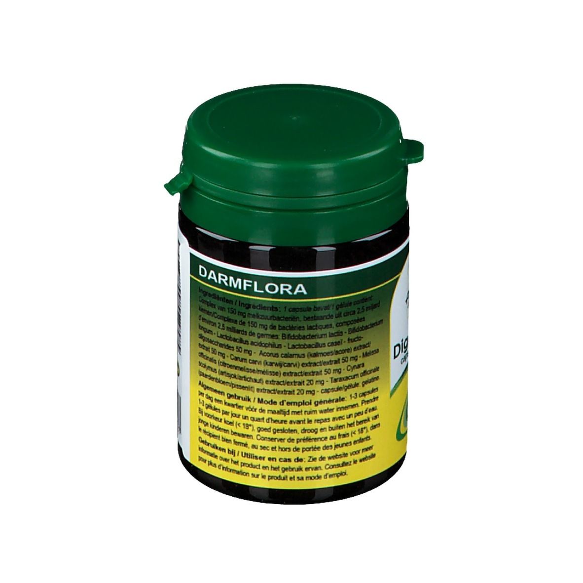 Boîte verte avec couvercle noir. Inscription : Darmflora. Texte avec ingrédients et utilisation.