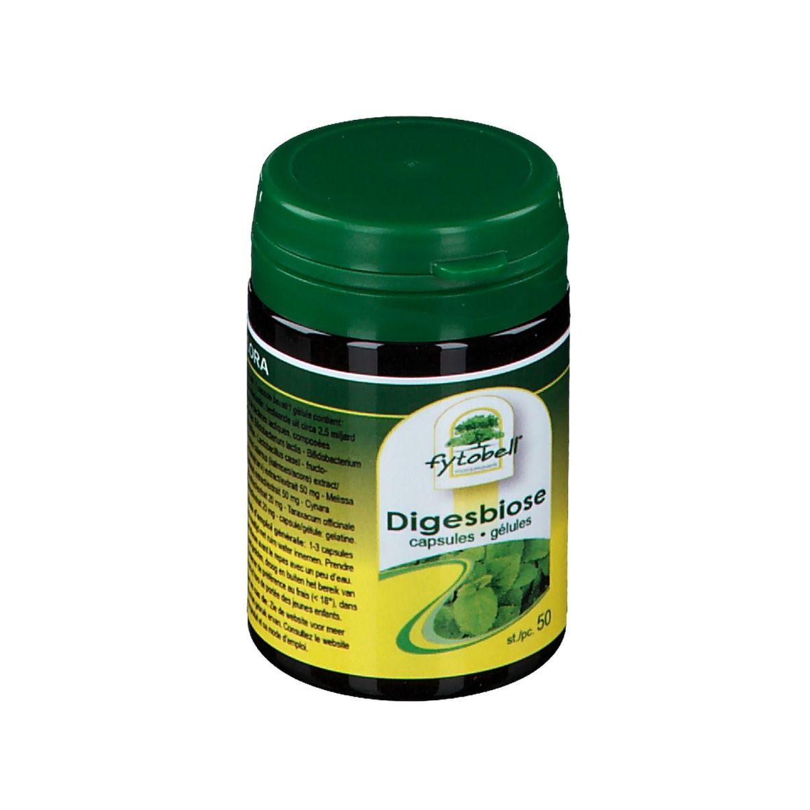 Boîte verte avec couvercle noir. Inscription : Fytobell Digesbiose, capsules. 50 pièces. Étiquette avec feuilles.