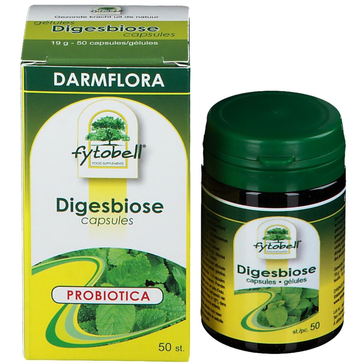 Emballage et boîte du produit. Inscription : Darmflora, Fytobell Digesbiose, capsules. 50 pièces. Probiotiques.