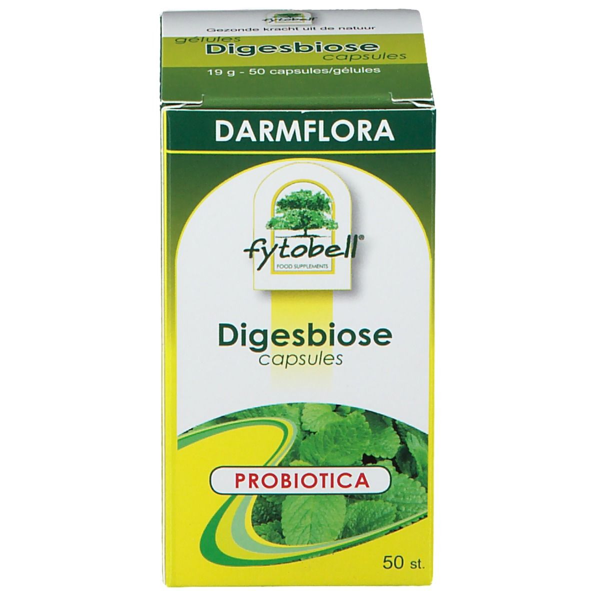 Emballage du produit. Inscription : Darmflora, Fytobell Digesbiose, capsules. 50 pièces. Probiotiques.