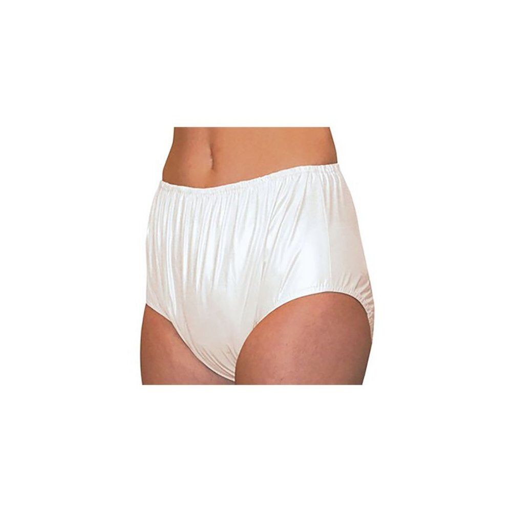 Culotte d'incontinence blanche. Matière PVC. Visibles : taille et ouvertures de jambes.