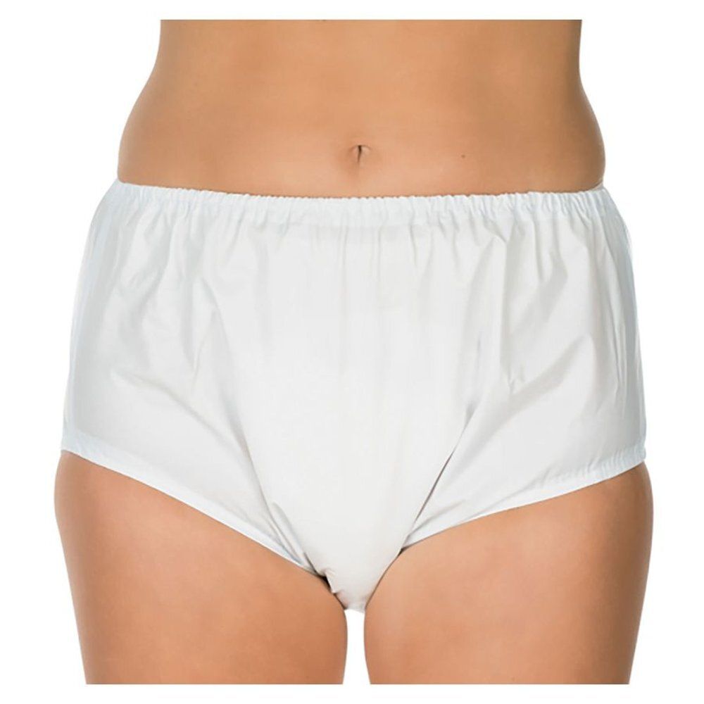 Culotte d'incontinence blanche. Matière PVC. Visibles : taille et ouvertures de jambes.
