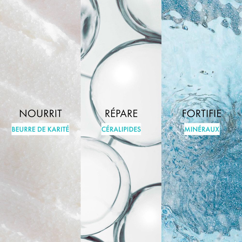 Trois zones verticales avec du texte. Nourrit, répare, fortifie. Ingrédients : Beurre de karité, céralipides, minéraux.