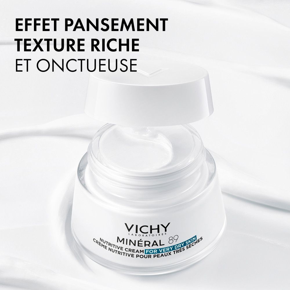 Pot de crème avec couvercle ouvert. Texte : Effet pansement, texture riche et onctueuse. Vichy Mineral 89.