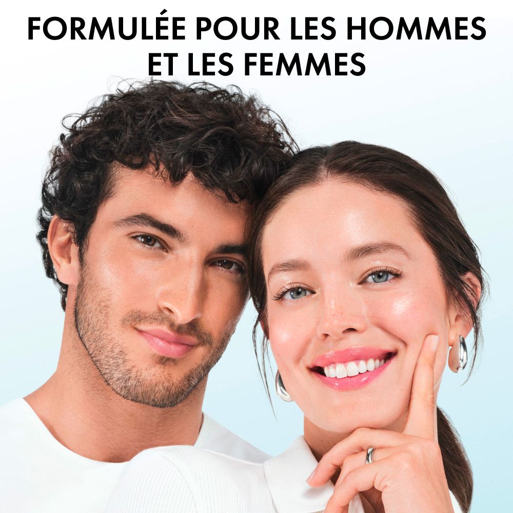 Un homme et une femme sourient. Texte : Formulé pour les hommes et les femmes.