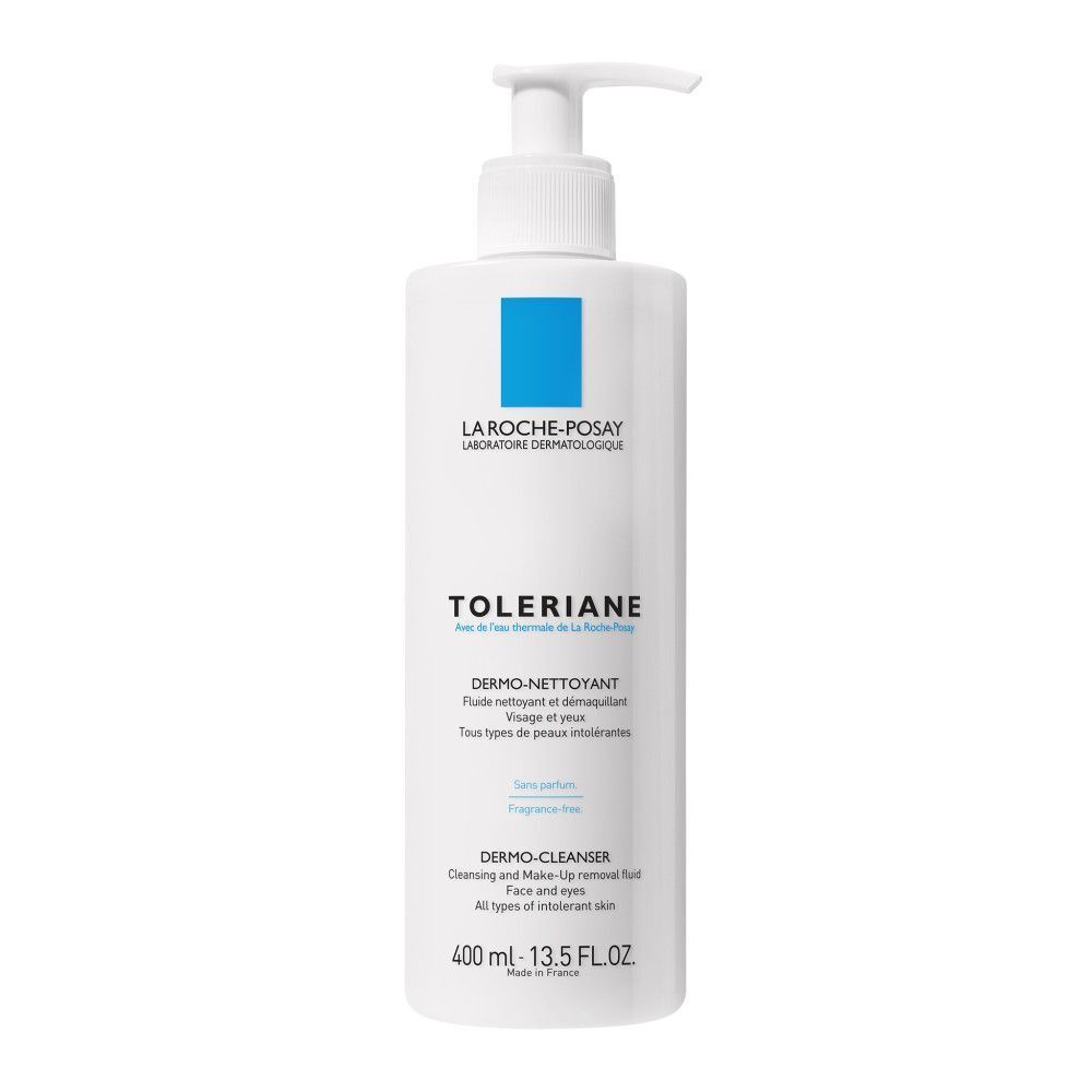 Flacon blanc avec pompe. Marque bleue. Inscription: Toleriane, Dermo-nettoyant. 400 ml.