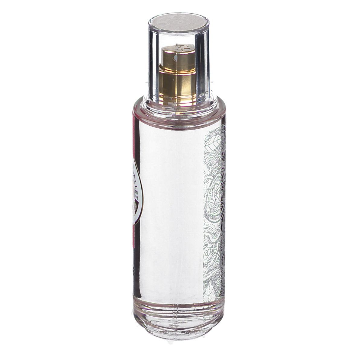 Flacon transparent avec vaporisateur doré. Motif floral. Aucune autre inscription visible.