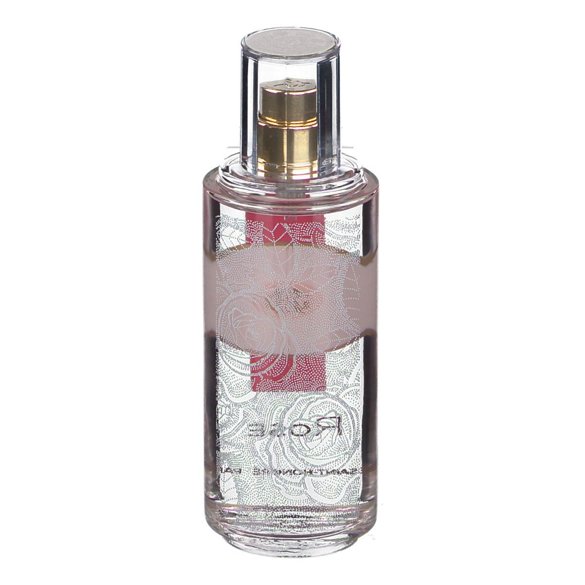 Flacon transparent avec vaporisateur doré. Motif floral. Inscription Rose. Aucune autre inscription.