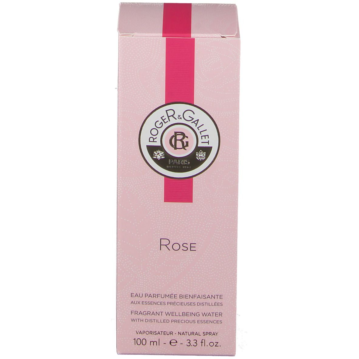 Emballage rose avec logo et texte. Inscription Rose. Texte sur l'eau parfumée et les ingrédients. 100 ml.