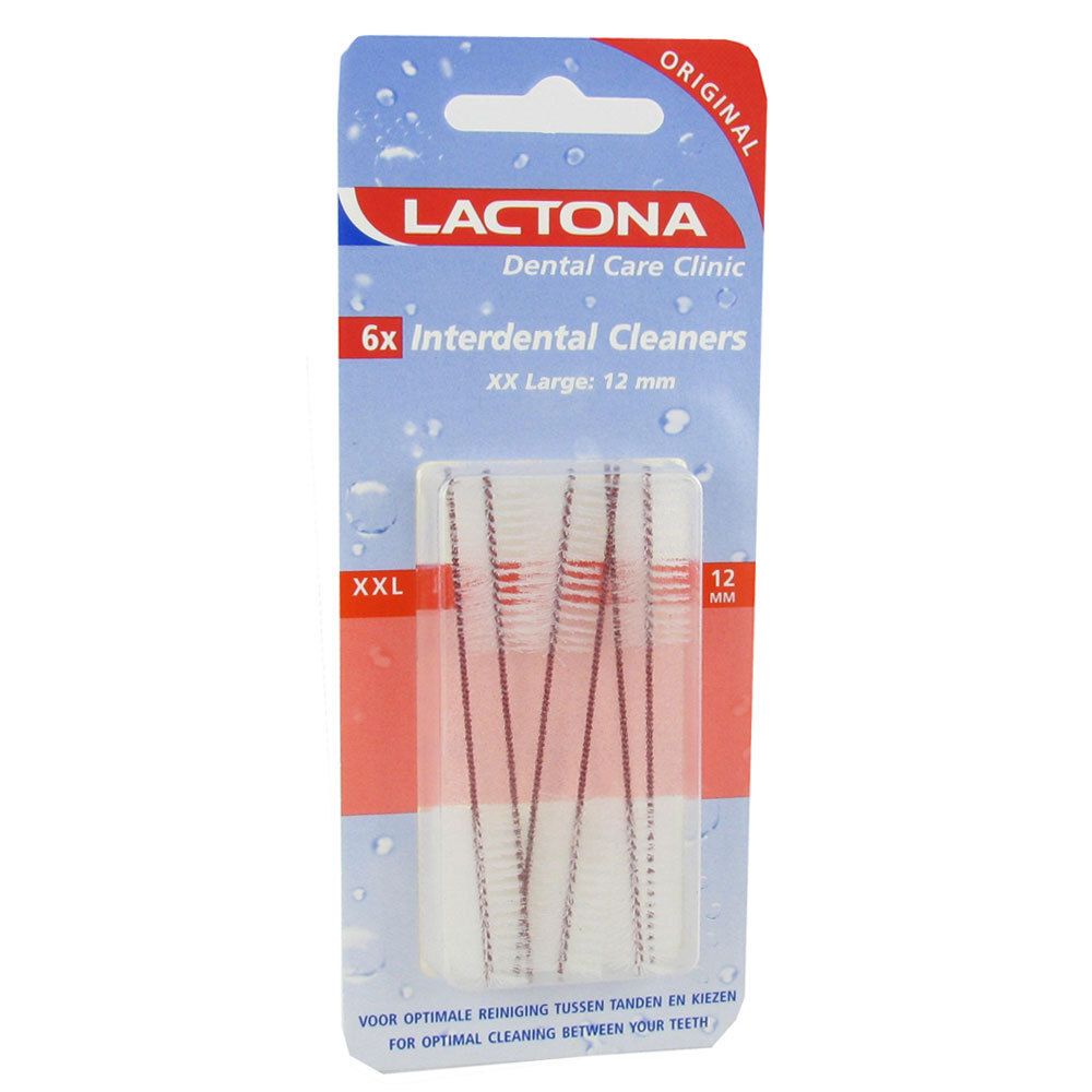 Emballage de 6 nettoyeurs interdentaires Lactona. XXL, 12 mm. Emballage bleu et blanc avec informations produit.