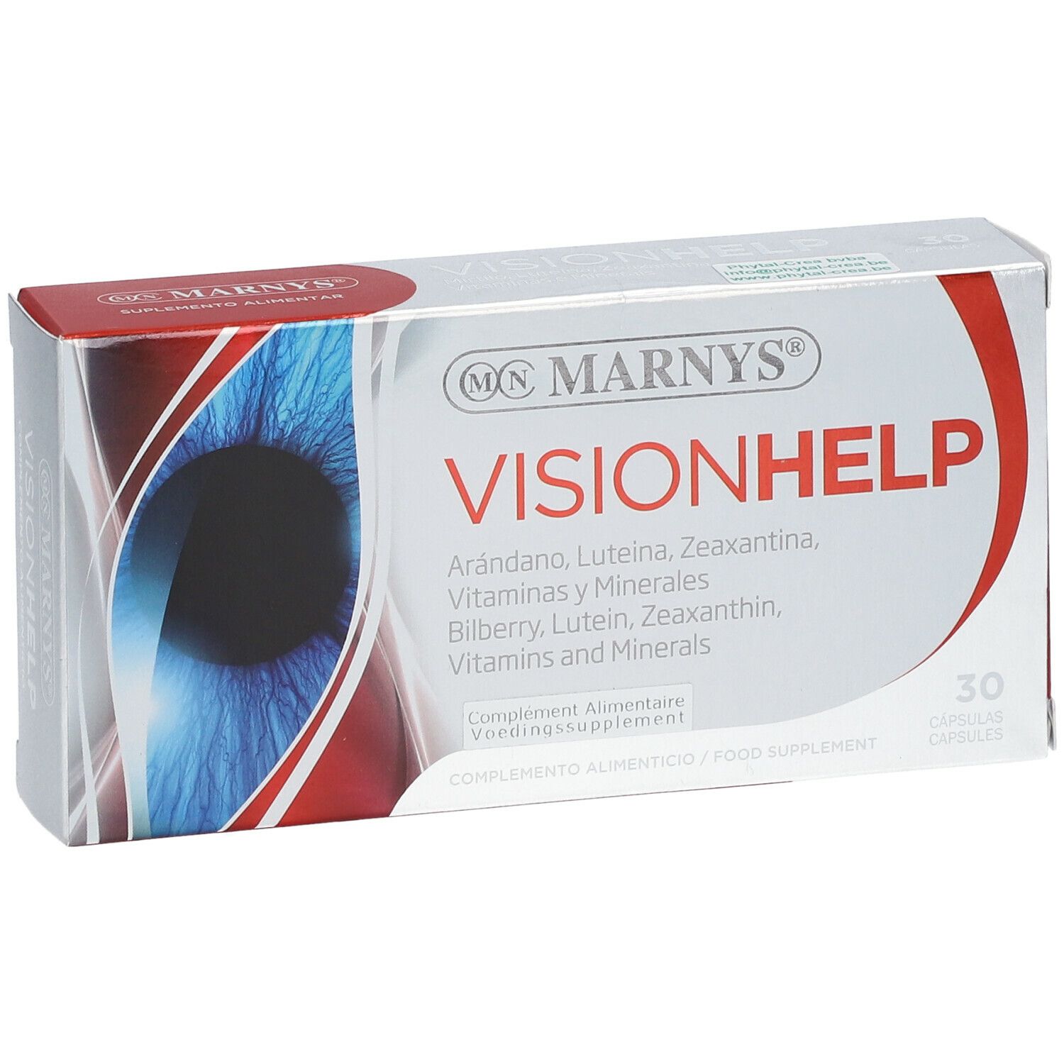 Boîte MARNYS Vision Help. Inscription: Vision Help, Arándano, Luteina, Zeaxantina, Vitaminas y Minerales. 30 capsules.