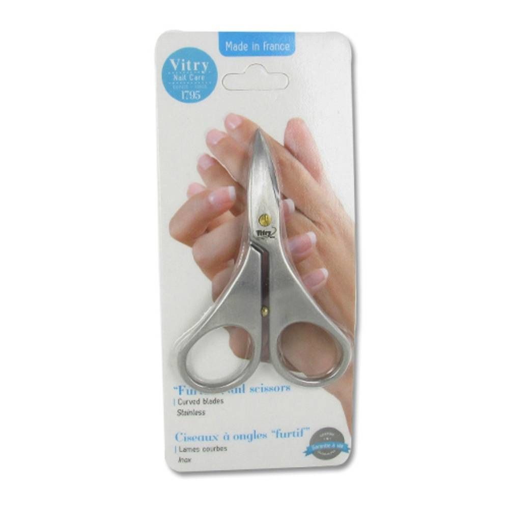 Ciseaux à ongles incurvés en acier inoxydable. Emballés sur carte blister. Marque Vitry, modèle 1008F.