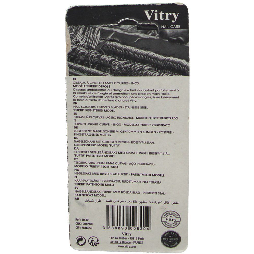Dos de la carte blister. Texte multilingue. Marque Vitry. Modèle 1008F. Code-barres et certifications.