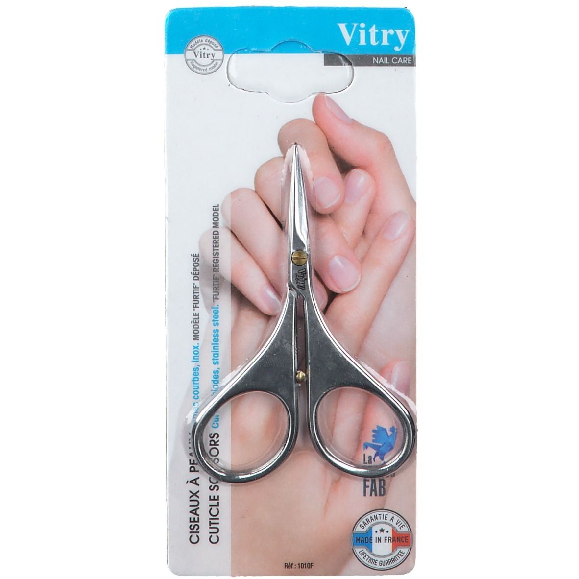 Ciseaux à ongles incurvés, acier inoxydable. Sur blister, main en arrière-plan. Marque Vitry.