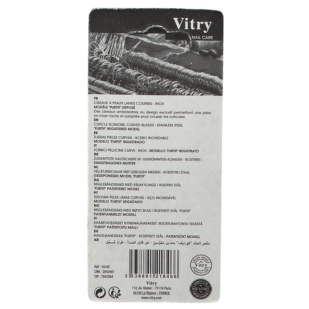 Dos de l'emballage du produit. Texte multilingue. Marque Vitry. Code-barres et labels qualité.