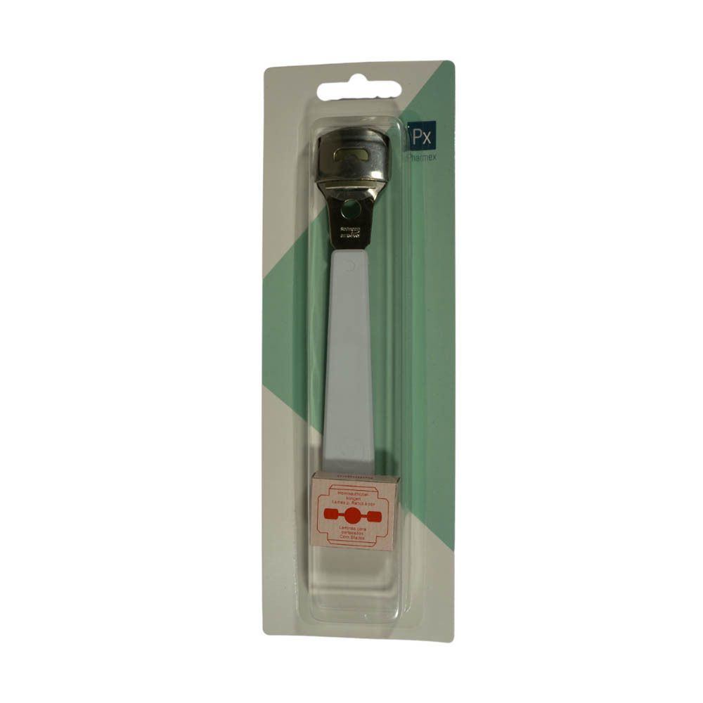 Râpe à callosités avec manche blanc et lames de rechange. Marque Px, emballage blister.