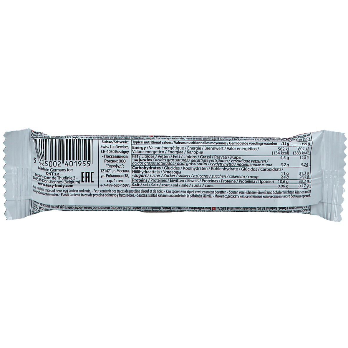 Emballage de barre protéinée. Dos avec informations nutritionnelles, code-barres et texte. Fond blanc.
