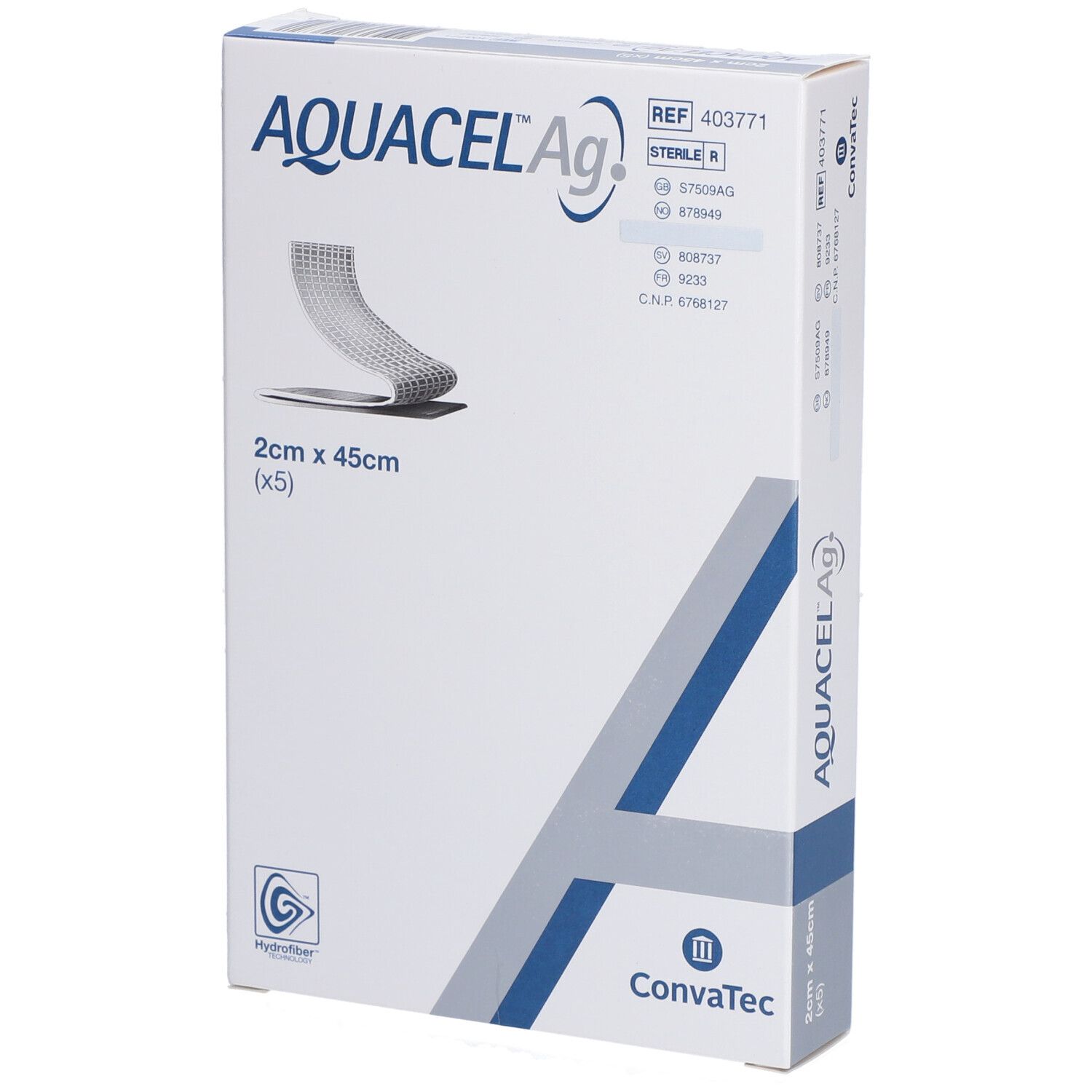 Emballage AQUACEL Ag. Inscription : 2 cm x 45 cm, (x5). Logos Hydrofiber et Convatec. Illustration du produit.