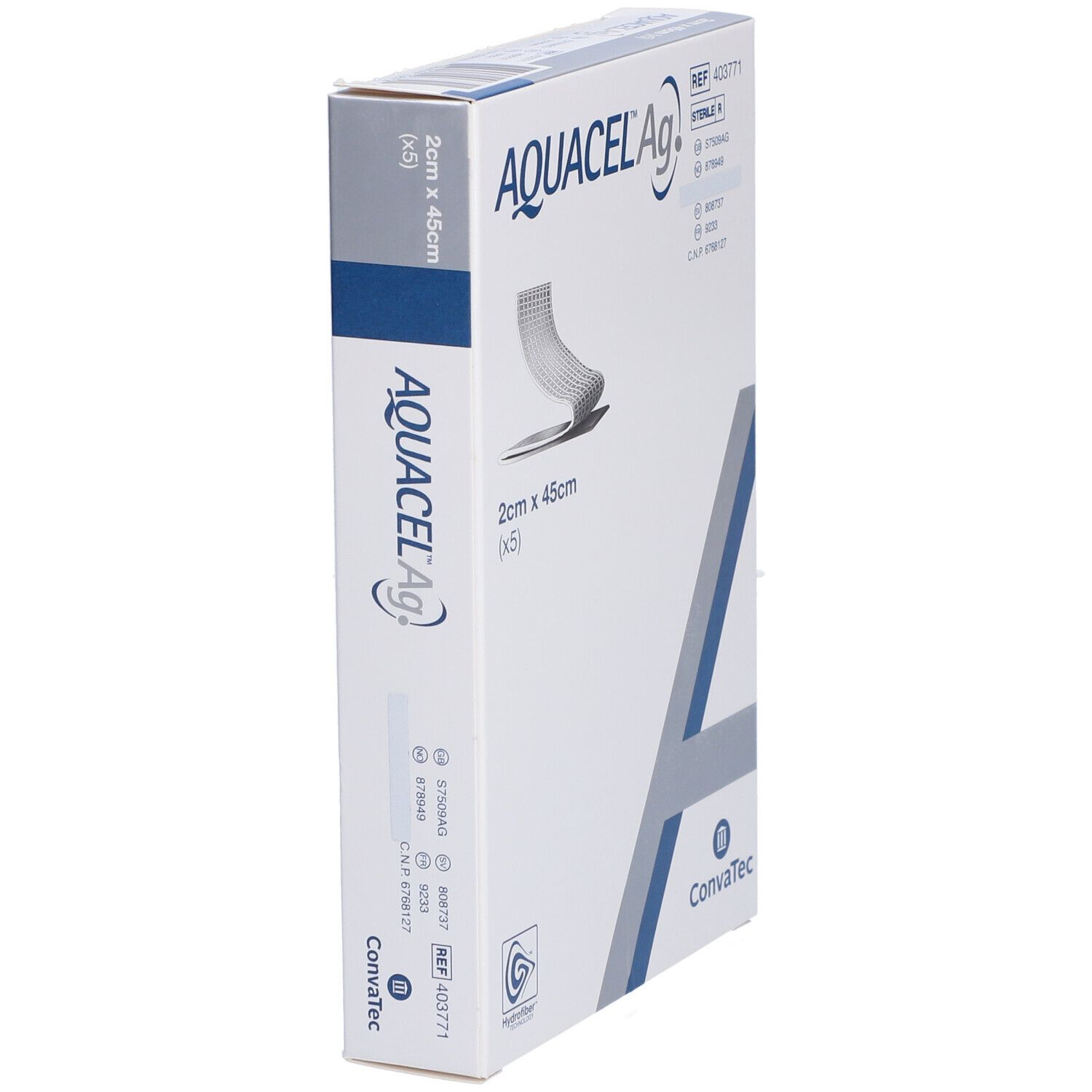 Emballage AQUACEL Ag. Inscription : 2 cm x 45 cm, (x5). Logo Convatec. Illustration du produit. Vue latérale.
