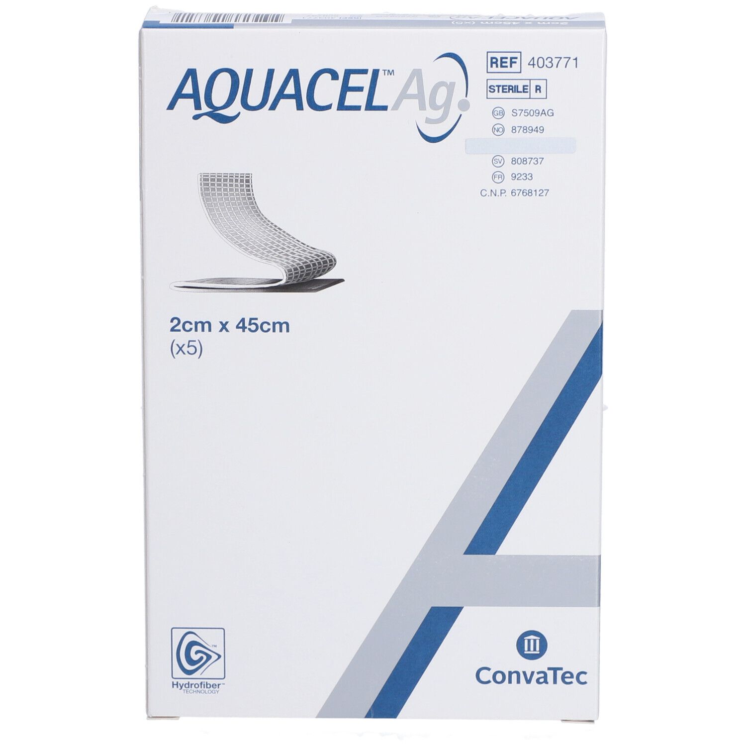 Emballage AQUACEL Ag. Inscription : 2 cm x 45 cm, (x5). Logos Hydrofiber et Convatec. Illustration du produit.