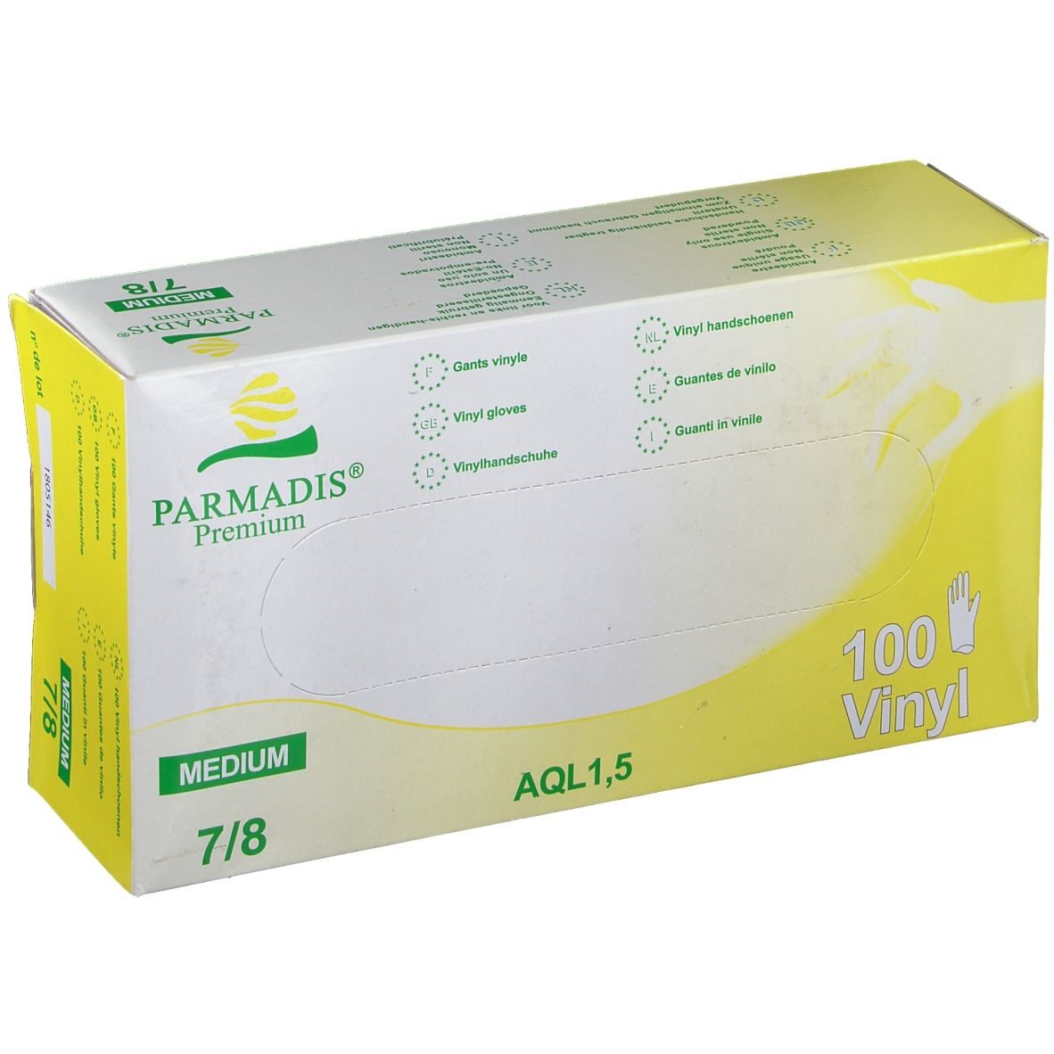 Boîte de gants en vinyle PARMADIS® Premium, taille M 7/8. 100 pièces. Jaune et blanc. AQL 1.5.