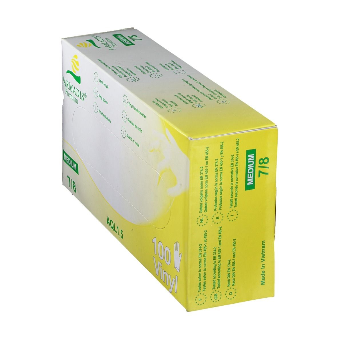 Boîte de gants en vinyle PARMADIS® Premium, taille M 7/8. Jaune et blanc. AQL 1.5. Normes EN.