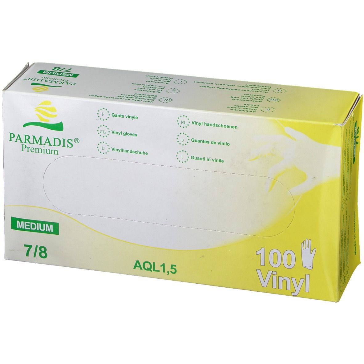 Boîte de gants en vinyle PARMADIS® Premium, taille M 7/8. 100 pièces. Jaune et blanc. AQL 1.5.