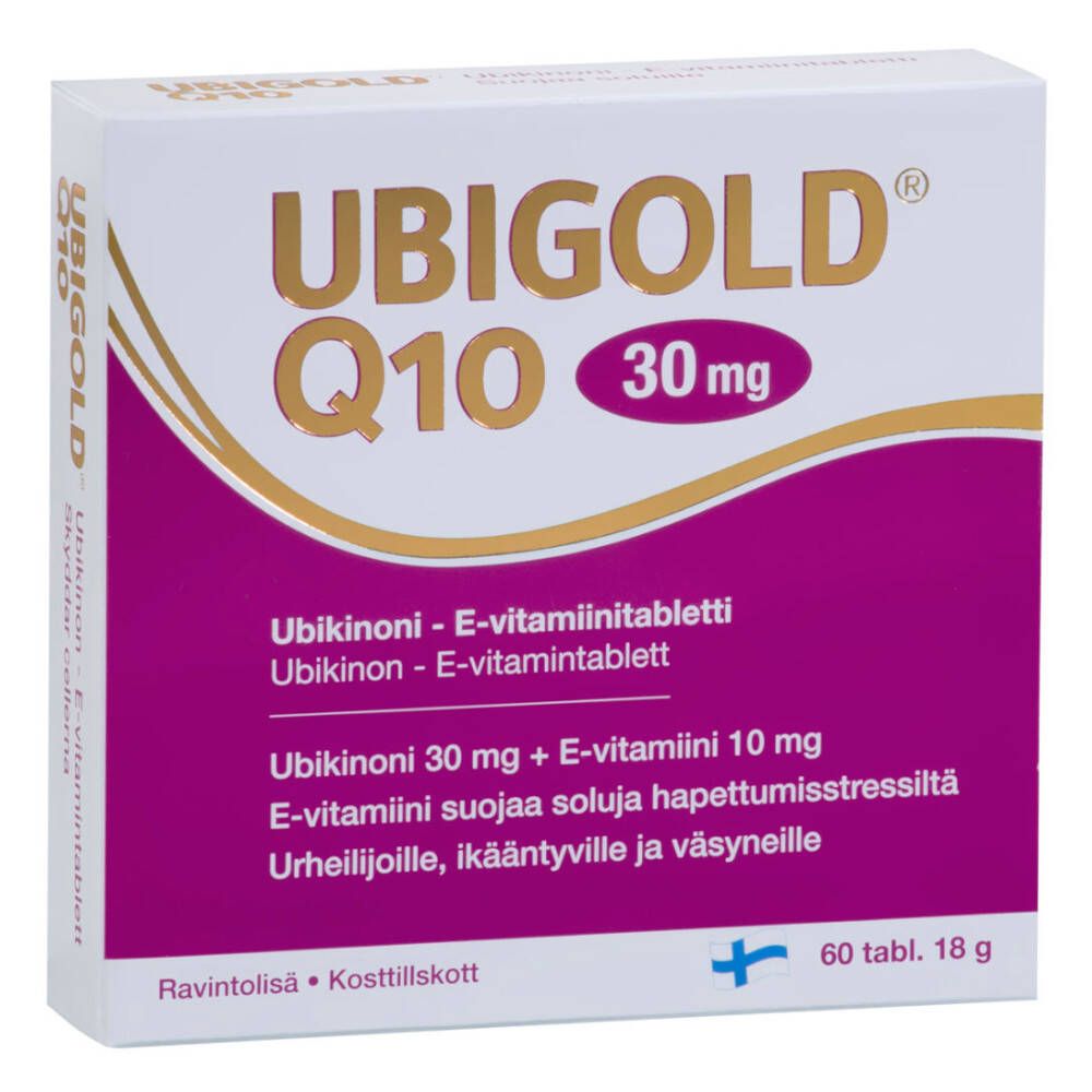 Boîte de Ubigold Q10® avec l'inscription 30 mg. Contient 60 comprimés. Inscription : Ubikinoni, E-vitamiinitabletti.