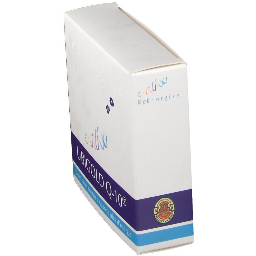 Boîte Ubigold Q-10® avec bande bleue et logo. Inscription : ReEnergize. Contient un complément alimentaire.