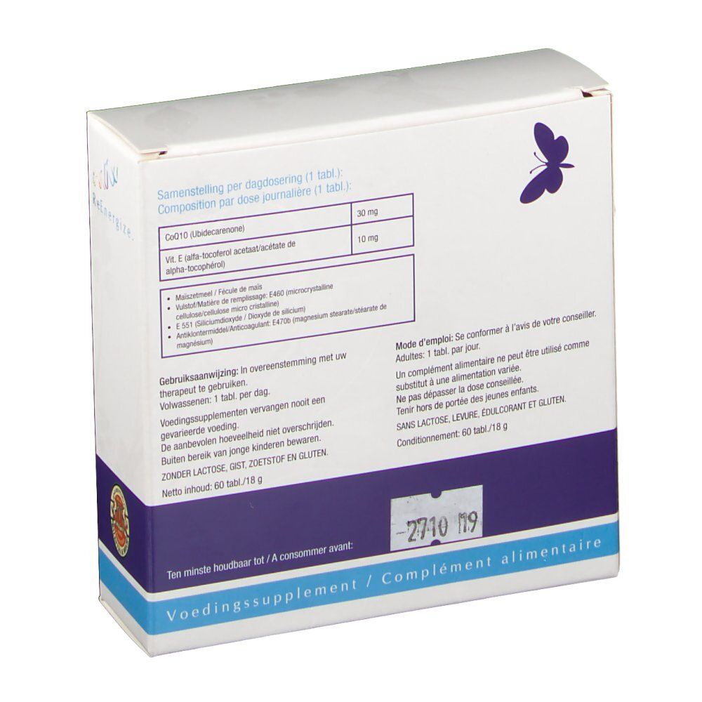 Dos de l'emballage Ubigold Q-10®. Contient des informations sur la composition et le dosage. Avec logo et code-barres.