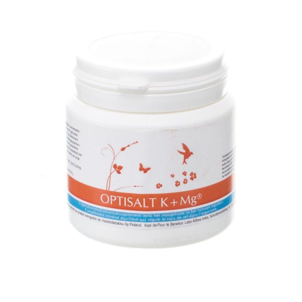 Pot blanc avec couvercle blanc, étiquette avec le nom du produit 'OPTISALT K+Mg®', motif d'oiseau et plantes.