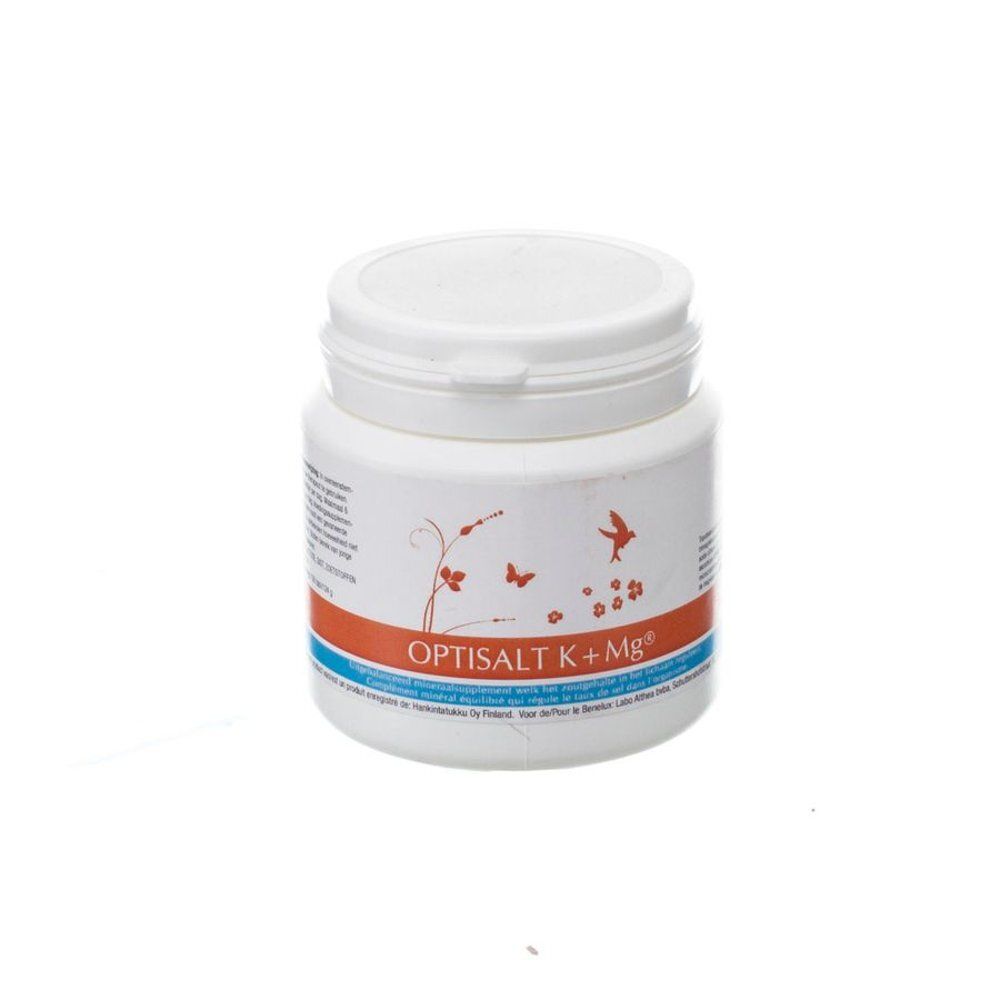Pot blanc avec couvercle blanc, étiquette avec le nom du produit 'OPTISALT K+Mg®', motif d'oiseau et plantes.