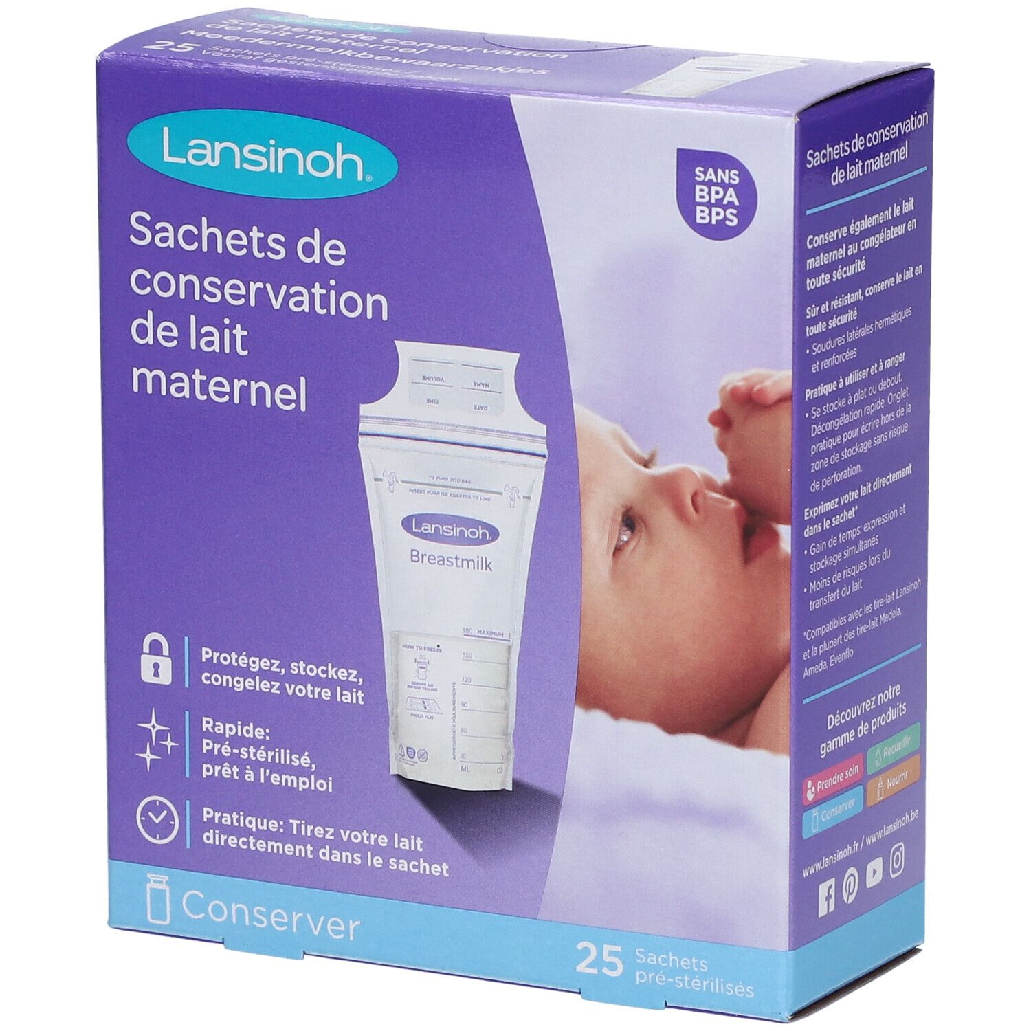 Boîte de sachets de conservation de lait maternel Lansinoh. 25 sachets. Sans BPA/BPS. Texte: 'Sachets de conservation de lait maternel'.