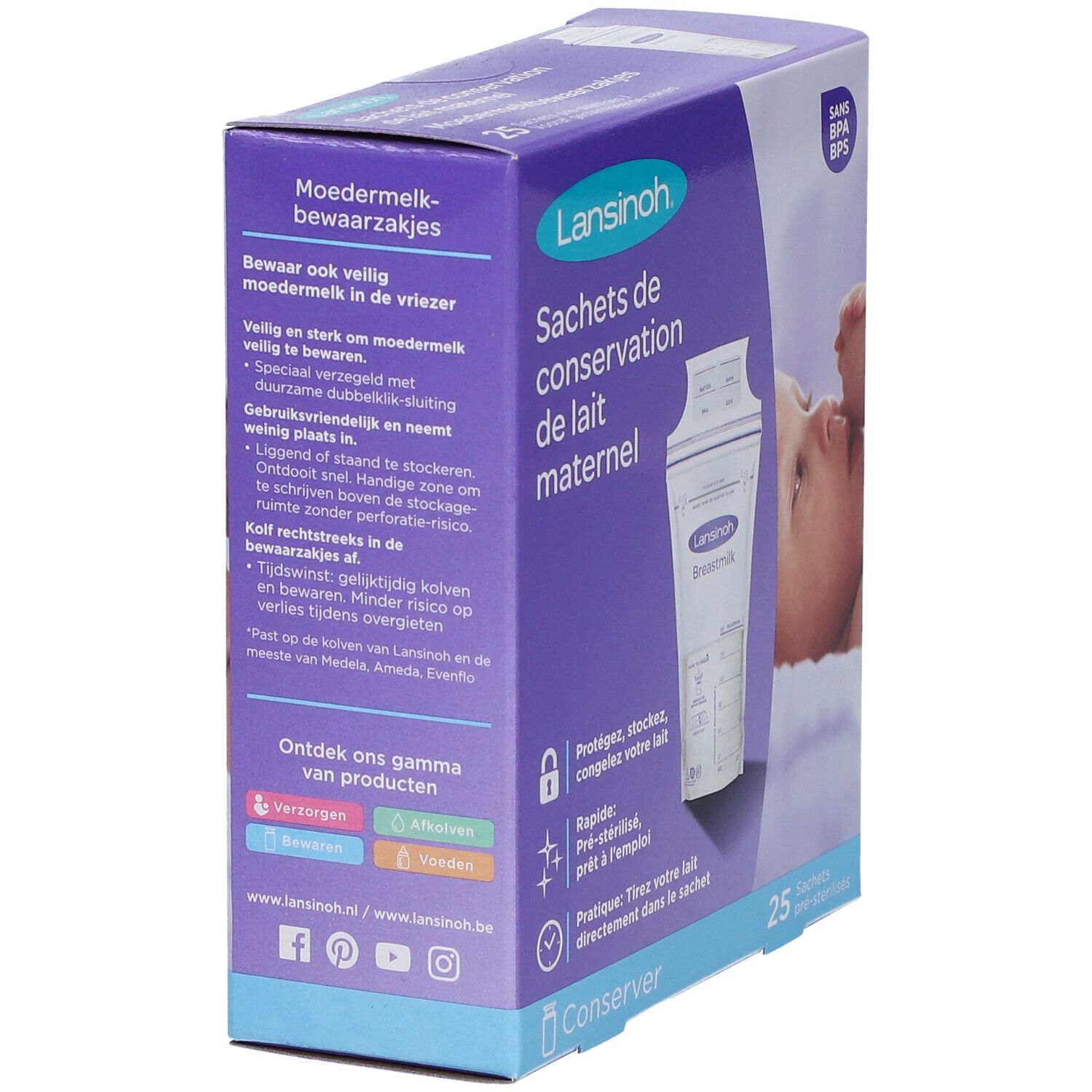 Boîte de sachets de conservation de lait maternel Lansinoh. Texte: 'Sachets de conservation de lait maternel'. 25 sachets. Sans BPA/BPS. Vue latérale.
