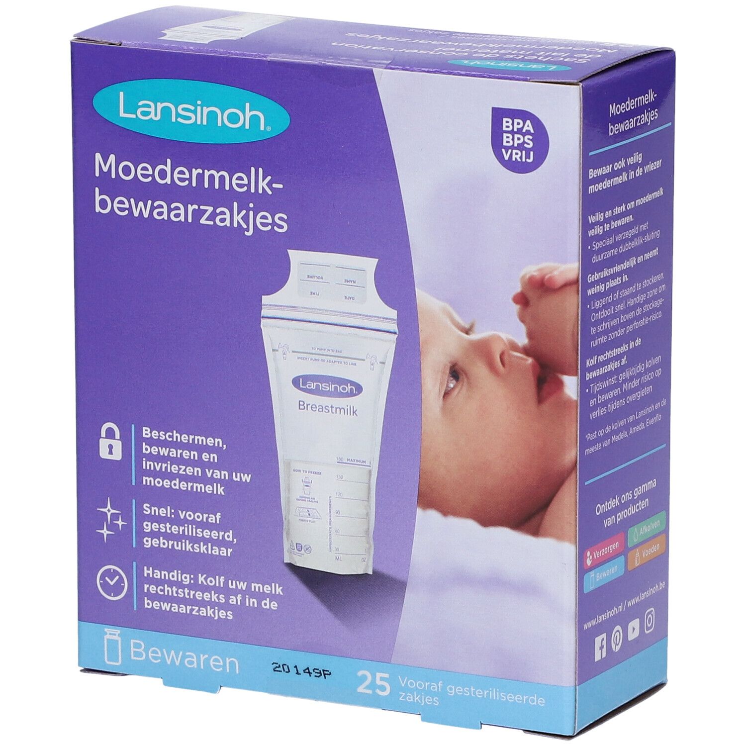 Boîte de sachets de conservation de lait maternel Lansinoh. 25 sachets. Sans BPA/BPS. Texte: 'Moedermelk-bewaarzakjes'. Image d'un bébé.