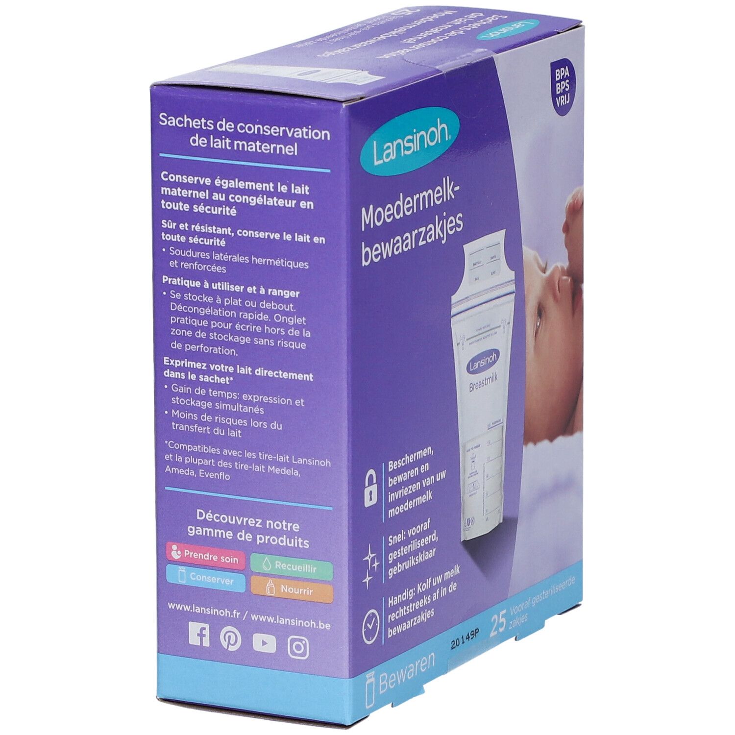 Boîte de sachets de conservation de lait maternel Lansinoh. 25 sachets. Sans BPA/BPS. Texte: 'Moedermelk-bewaarzakjes'. Vue latérale.