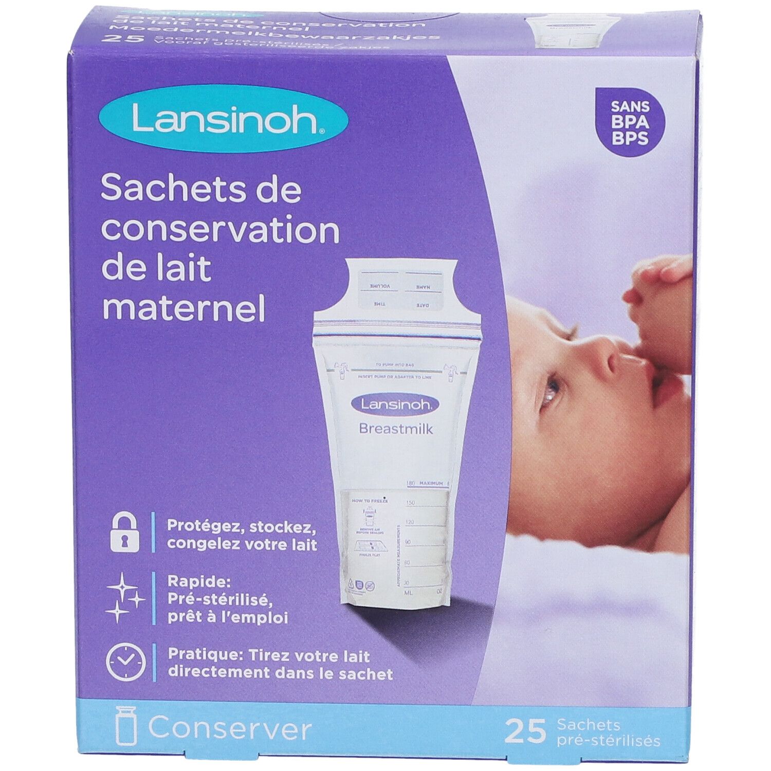Boîte de sachets de conservation de lait maternel Lansinoh. 25 sachets. Sans BPA/BPS. Texte: 'Sachets de conservation de lait maternel'.