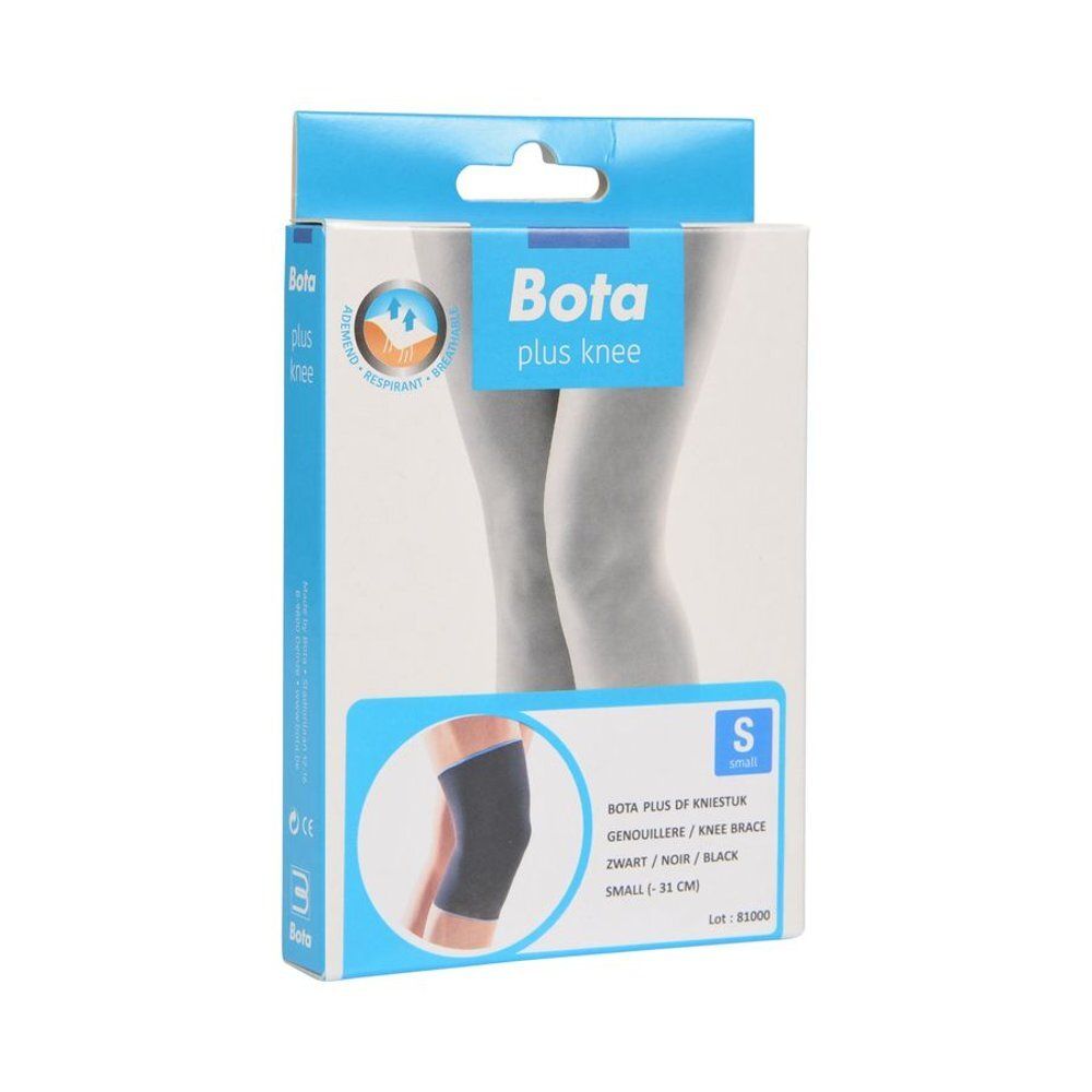 Emballage de genouillère Bota Plus. Noir, taille S. Nom du produit et logo sur l'emballage.