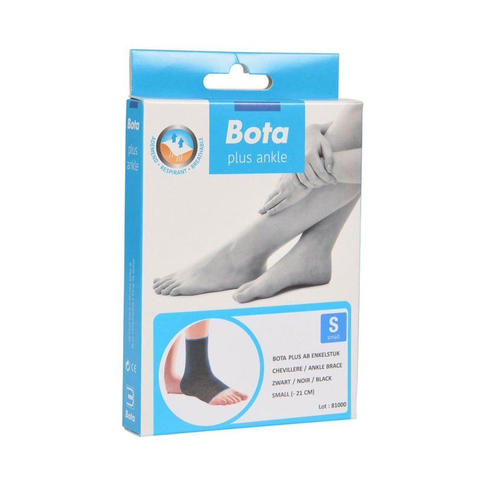 Boîte Bota Plus Ankle, taille S. Illustration d'un pied avec attelle de cheville. Texte: Bota plus ankle, Bota Plus AB Enkelstuk.