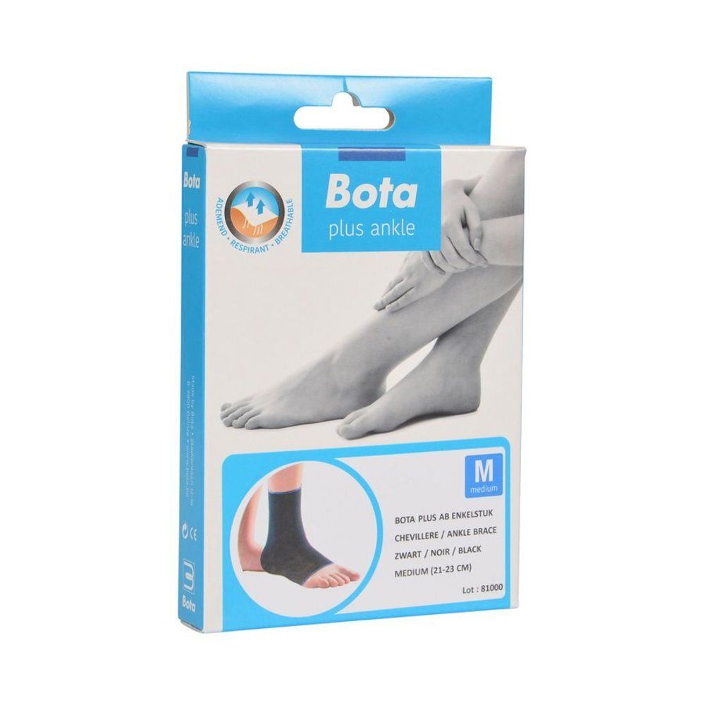 Boîte de l'attelle de cheville Bota Plus AB. Image d'un pied et de l'attelle. Taille M.