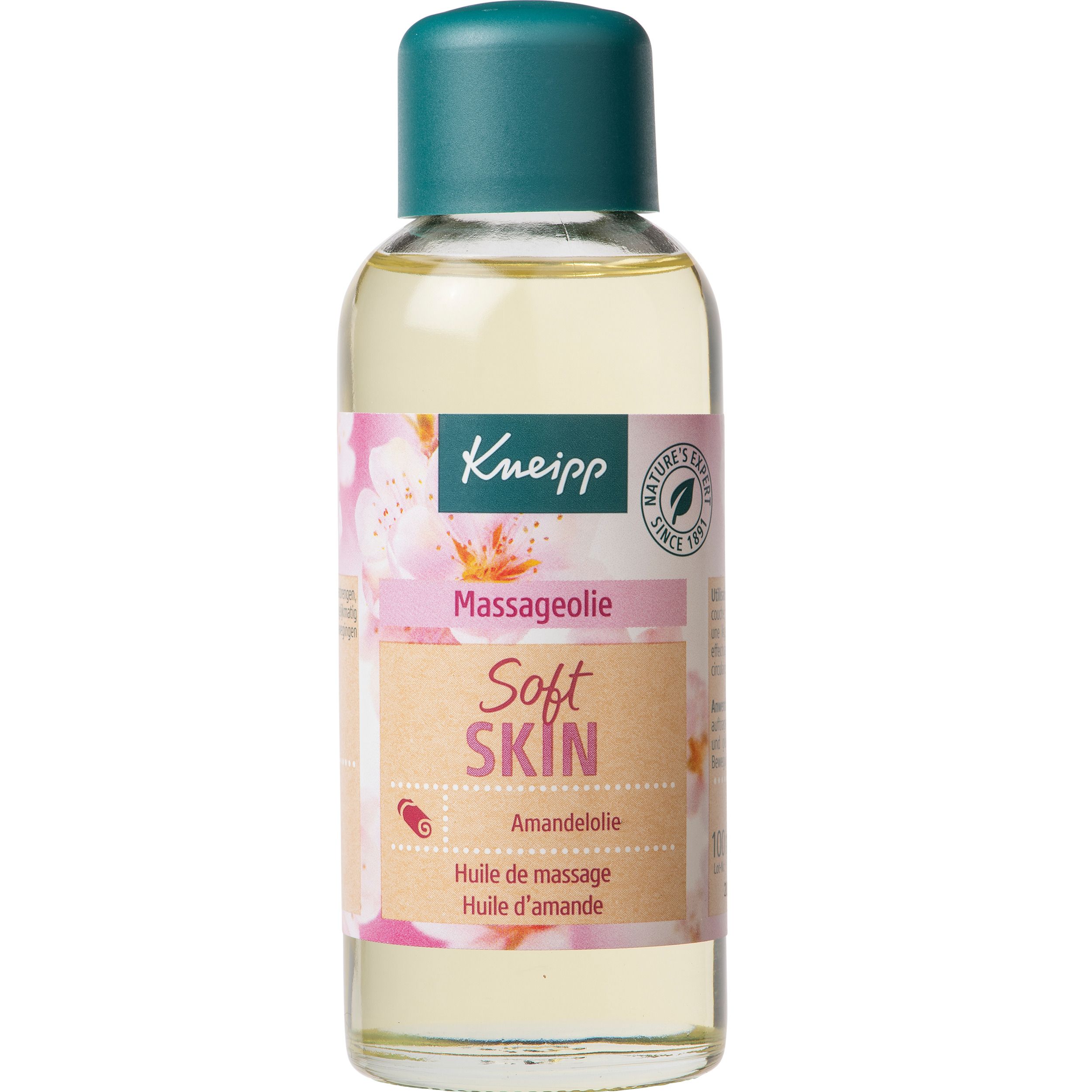 Bouteille et emballage Kneipp Soft Skin. Nom du produit et fleurs. 95% huiles naturelles. Bouchon vert.