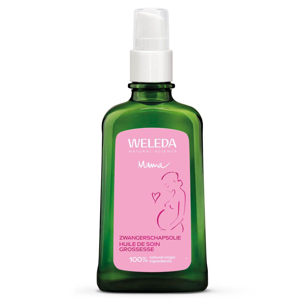 Huile de soin grossesse Weleda: flacon avec pompe. 100ml. Ingrédients naturels.