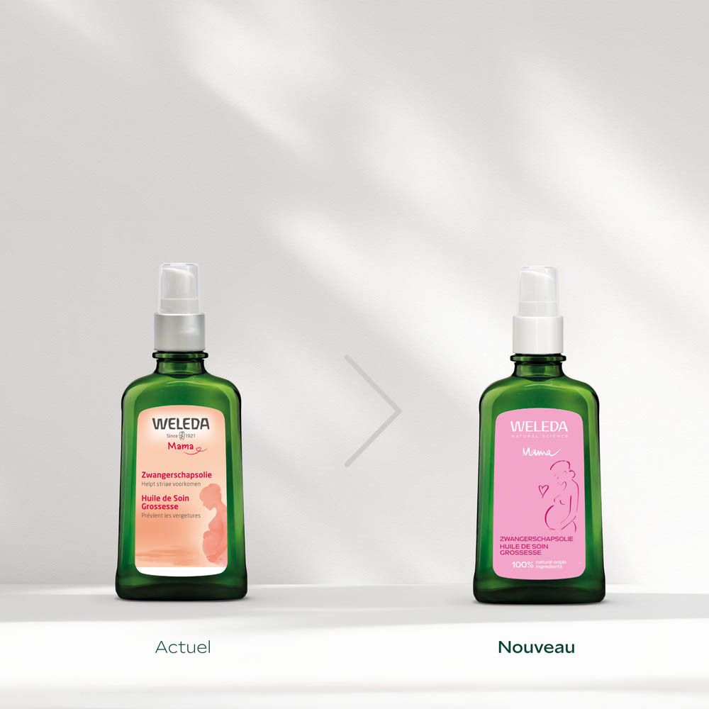 Huile de soin grossesse Weleda: flacon avec pompe. 100ml. Pour le soin de la peau pendant la grossesse.