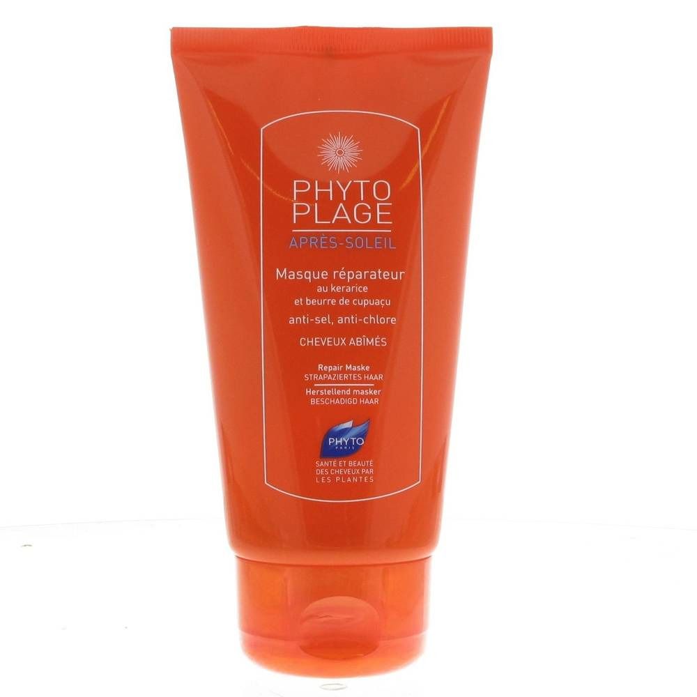 Tube orange avec texte. Inscription: PHYTO PLAGE, APRES-SOLEIL, Masque réparateur, CHEVEUX ABIMES. Logo et nom du produit visibles.