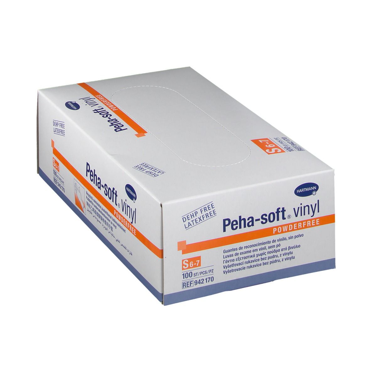 Boîte blanche avec inscriptions. Inscription : Peha-soft vinyl powderfree. Taille S 6-7. 100 pièces.