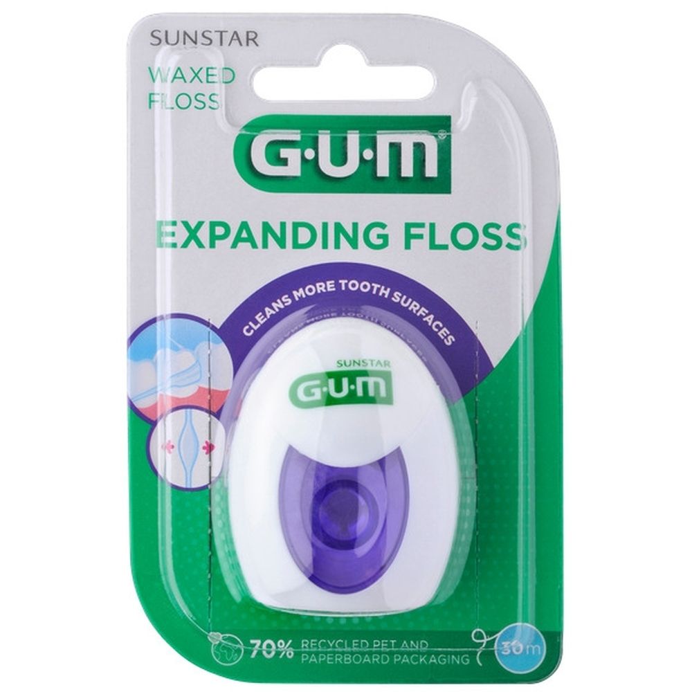 Dos de l'emballage de GUM® Expanding Floss. Texte multilingue. Illustrations d'utilisation.
