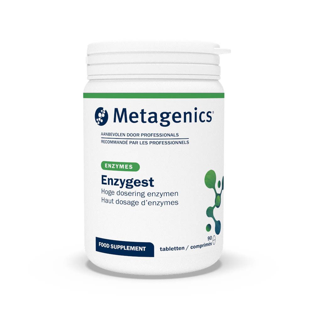 Boîte blanche Enzygest, complexe enzymatique, 90 comprimés. Marque Metagenics.
