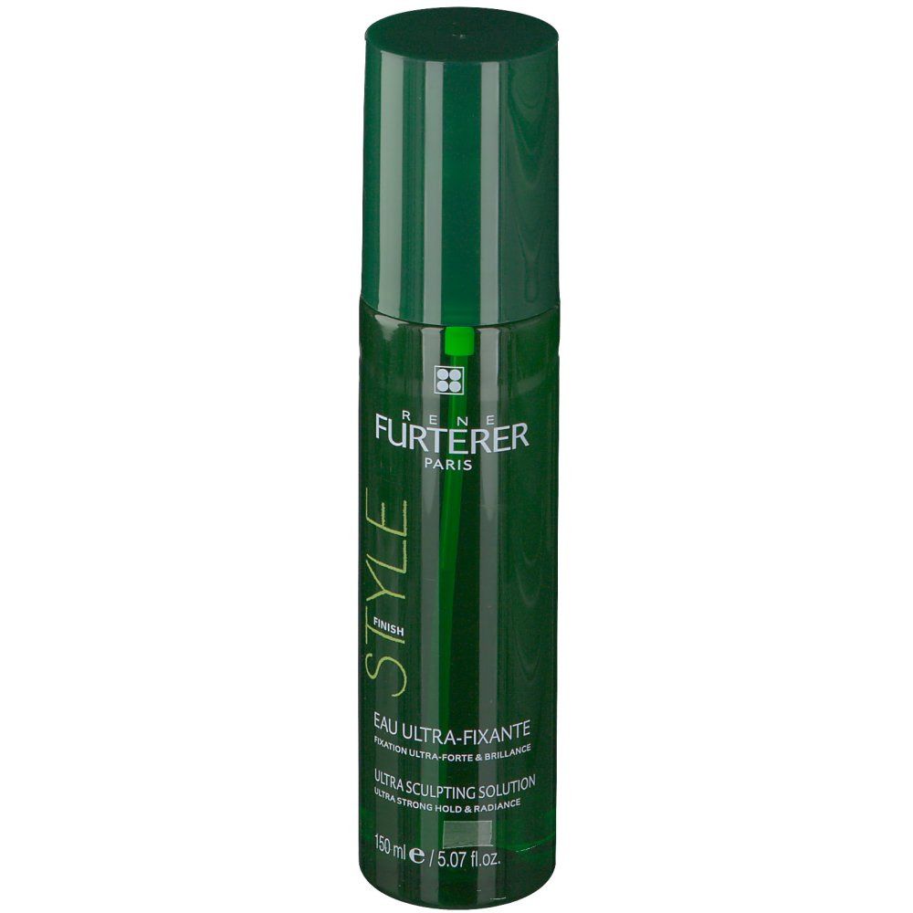 Flacon spray vert. Inscription: STYLE, EAU ULTRA-FIXANTE, ULTRA SCULPTING SOLUTION. Marque: Rene Furterer Paris.