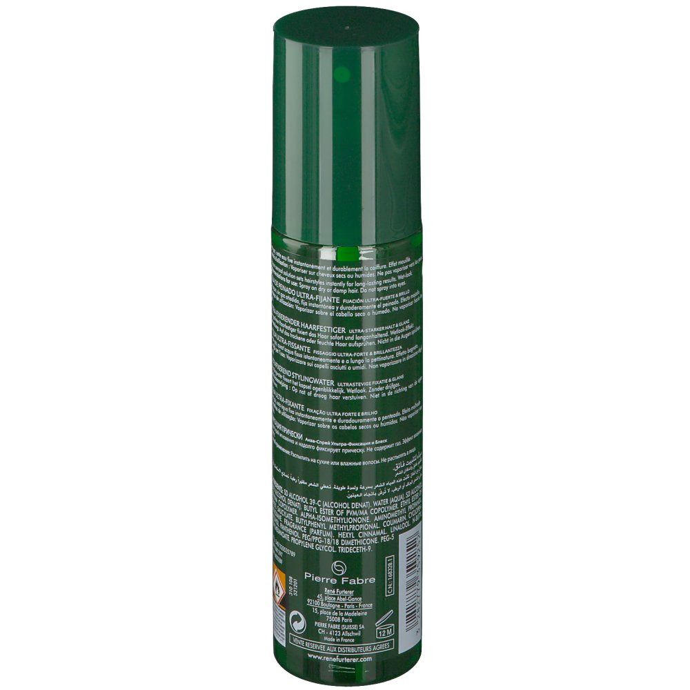 Dos du flacon spray vert. Texte multilingue. Logo: Pierre Fabre. Avertissement: facilement inflammable.