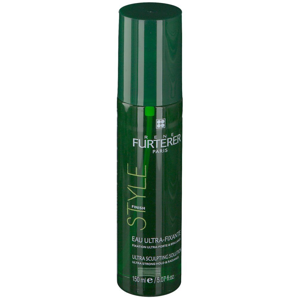 Flacon spray vert. Inscription: STYLE, EAU ULTRA-FIXANTE, ULTRA SCULPTING SOLUTION. Marque: Rene Furterer Paris.